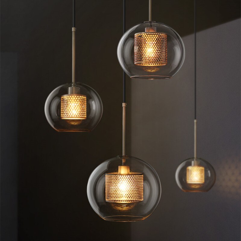 Nerel Współczesna Złota Lampa Wisząca, Szklana, Kula/Cylindryczna